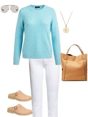 Talbots Pointelle Light Aqua Blue Crewneck Long Sleeve Preppy Sweater Size SP